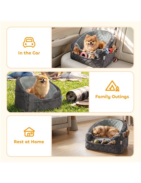 PawHut Dog Car Seat, Detachable Washable Dog Booster Seat with Thick Cushion, Seat Belt, Pockets for Small Under 10kg, Grey - pic 213637 | FastDaddyshop