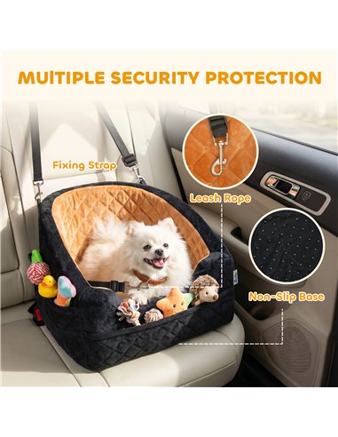 PawHut Dog Car Seat, Detachable Washable Dog Booster Seat with Thick Cushion, Seat Belt, Pockets for Small Under 10kg, Brown