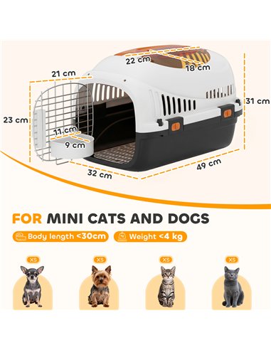 PawHut Plastic Pet Carrier Hard Shell Dog Cat Carrier Max 4 KG Steel Door Feed Bowl Secure Lock 49 x 32 x 31 cm