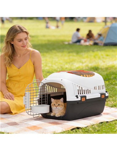 PawHut Plastic Pet Carrier Hard Shell Dog Cat Carrier Max 4 KG Steel Door Feed Bowl Secure Lock 49 x 32 x 31 cm