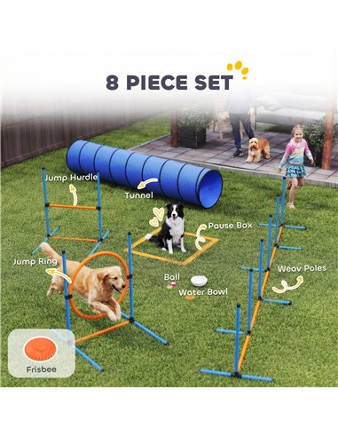 PawHut Dog Agility Equipment, 8PCS Agility Training Set with Tunnel, Weave Poles, Adjustable Hurdles, Jump Ring