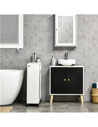 Kleankin Modern Bathroom Sink Cabinet, Under Sink Storage Cabinet, with Adjustable Shelf and Solid Wood Legs, Black and White