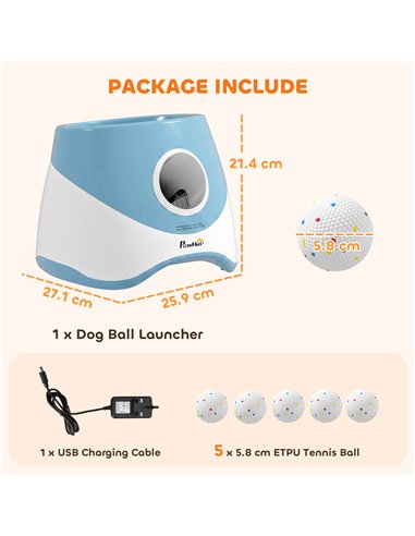PawHut Automatic Dog Ball Launcher with 5 ETPU Balls 5.8 cm, 3 Distance Settings 6/10/14 m, Blue
