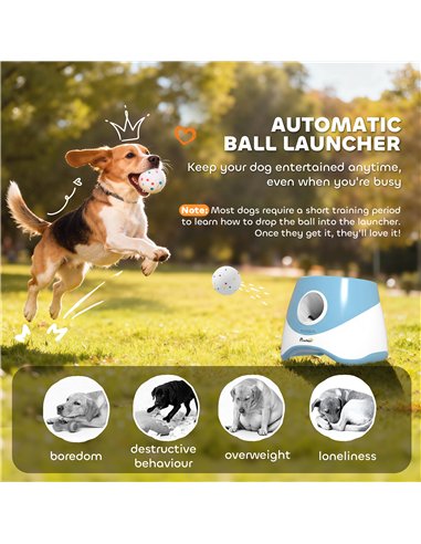 PawHut Automatic Dog Ball Launcher with 5 ETPU Balls 5.8 cm, 3 Distance Settings 6/10/14 m, Blue