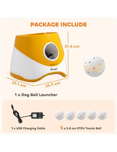 PawHut Automatic Dog Ball Launcher with 5 ETPU Balls 5.8 cm, 3 Distance Settings 6/10/14 m, Orange