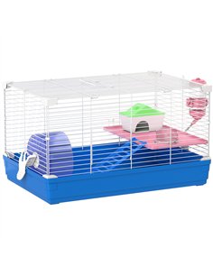 PawHut Hamster Cage, Small Gerbil Cage 2 Tiers Portable w/ Handle, Exercise Wheel, Water Bottle, Dishes, Blue