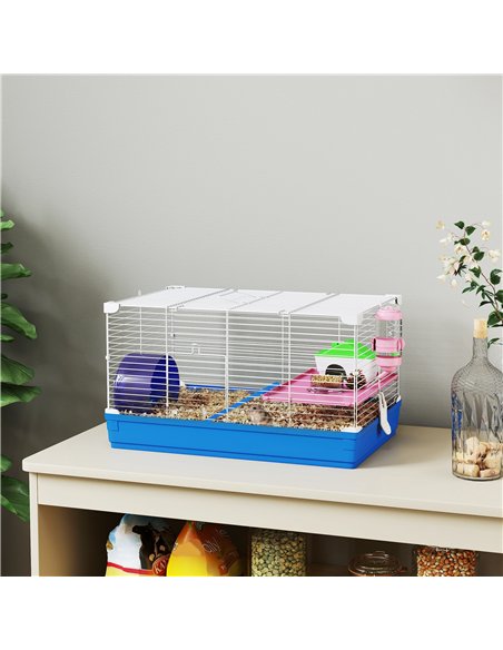 PawHut Hamster Cage, Small Gerbil Cage 2 Tiers Portable w/ Handle, Exercise Wheel, Water Bottle, Dishes, Blue - pic 213731 | FastDaddyshop
