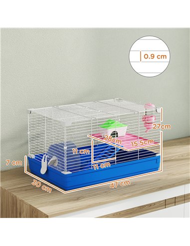 PawHut Hamster Cage, Small Gerbil Cage 2 Tiers Portable w/ Handle, Exercise Wheel, Water Bottle, Dishes, Blue