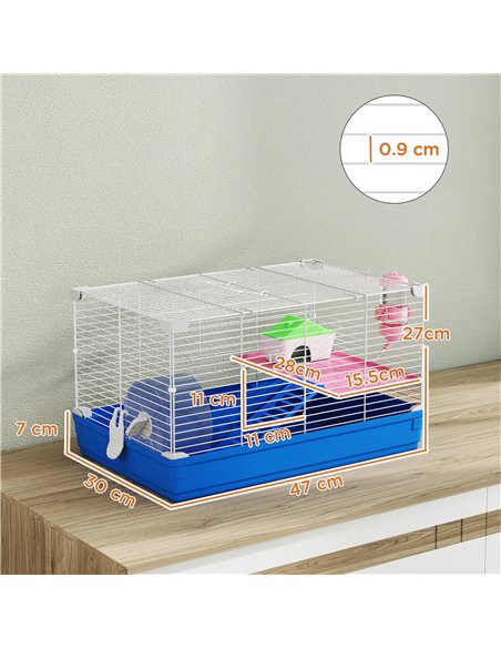 PawHut Hamster Cage, Small Gerbil Cage 2 Tiers Portable w/ Handle, Exercise Wheel, Water Bottle, Dishes, Blue - pic 213732 | FastDaddyshop