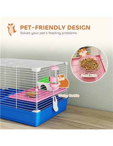 PawHut Hamster Cage, Small Gerbil Cage 2 Tiers Portable w/ Handle, Exercise Wheel, Water Bottle, Dishes, Blue