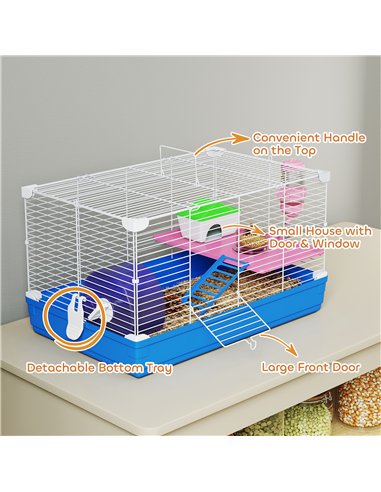 PawHut Hamster Cage, Small Gerbil Cage 2 Tiers Portable w/ Handle, Exercise Wheel, Water Bottle, Dishes, Blue