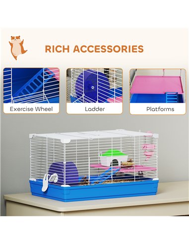 PawHut Hamster Cage, Small Gerbil Cage 2 Tiers Portable w/ Handle, Exercise Wheel, Water Bottle, Dishes, Blue