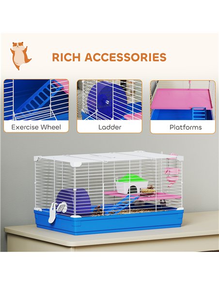 PawHut Hamster Cage, Small Gerbil Cage 2 Tiers Portable w/ Handle, Exercise Wheel, Water Bottle, Dishes, Blue - pic 213735 | FastDaddyshop