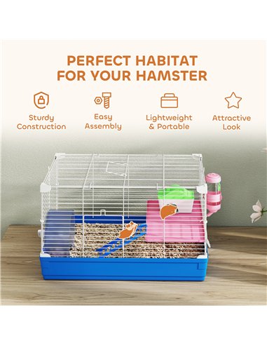 PawHut Hamster Cage, Small Gerbil Cage 2 Tiers Portable w/ Handle, Exercise Wheel, Water Bottle, Dishes, Blue