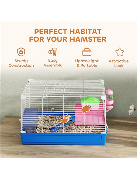 PawHut Hamster Cage, Small Gerbil Cage 2 Tiers Portable w/ Handle, Exercise Wheel, Water Bottle, Dishes, Blue - pic 213736 | FastDaddyshop