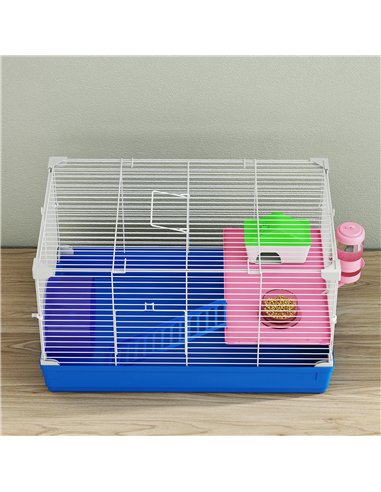 PawHut Hamster Cage, Small Gerbil Cage 2 Tiers Portable w/ Handle, Exercise Wheel, Water Bottle, Dishes, Blue