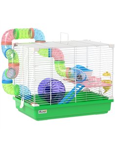 PawHut 2 Tier Hamster Cage, Gerbil Cage with Handle, Exercise Wheels, Tunnel, Water Bottle, Dishes, Ladder, for Dwarf