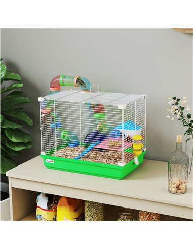 PawHut 2 Tier Hamster Cage, Gerbil Cage with Handle, Exercise Wheels, Tunnel, Water Bottle, Dishes, Ladder, for Dwarf
