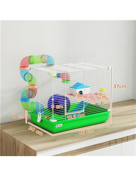 PawHut 2 Tier Hamster Cage, Gerbil Cage with Handle, Exercise Wheels, Tunnel, Water Bottle, Dishes, Ladder, for Dwarf - pic 213741 | FastDaddyshop