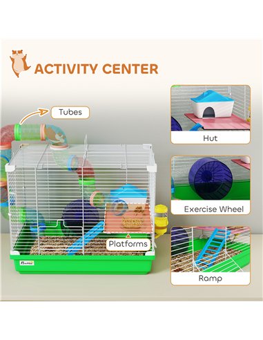 PawHut 2 Tier Hamster Cage, Gerbil Cage with Handle, Exercise Wheels, Tunnel, Water Bottle, Dishes, Ladder, for Dwarf