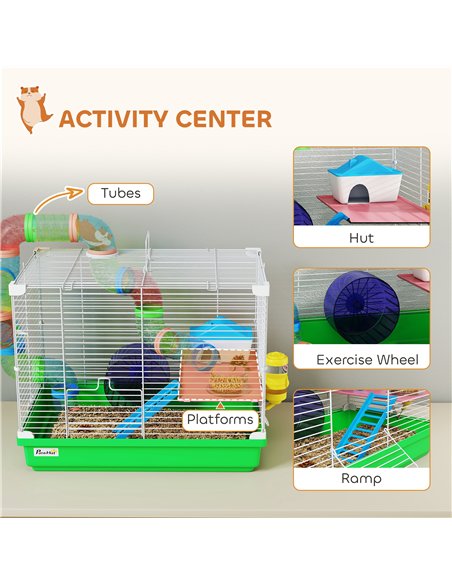 PawHut 2 Tier Hamster Cage, Gerbil Cage with Handle, Exercise Wheels, Tunnel, Water Bottle, Dishes, Ladder, for Dwarf - pic 213742 | FastDaddyshop