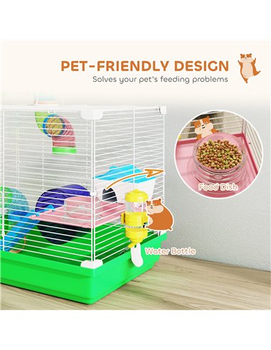 PawHut 2 Tier Hamster Cage, Gerbil Cage with Handle, Exercise Wheels, Tunnel, Water Bottle, Dishes, Ladder, for Dwarf