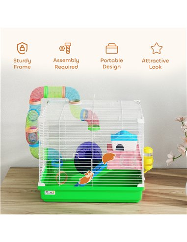 PawHut 2 Tier Hamster Cage, Gerbil Cage with Handle, Exercise Wheels, Tunnel, Water Bottle, Dishes, Ladder, for Dwarf