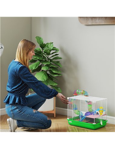 PawHut 2 Tier Hamster Cage, Gerbil Cage with Handle, Exercise Wheels, Tunnel, Water Bottle, Dishes, Ladder, for Dwarf