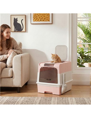 PawHut Enclosed Cat Litter Box with Lid, Pull-Out Drawer Tray, Scoop, 2 Deodorisation Bags, Front Entry & Top Exit, Pink