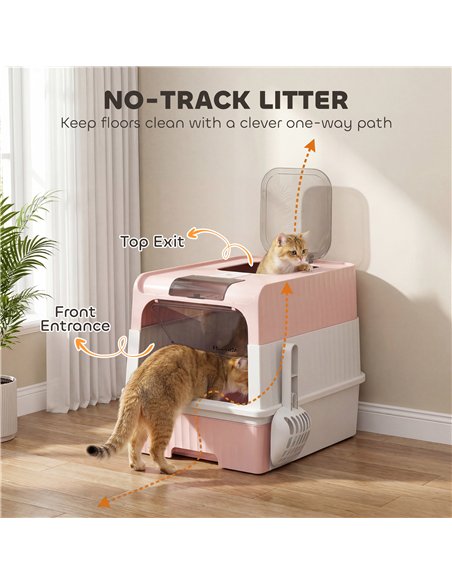 PawHut Enclosed Cat Litter Box with Lid, Pull-Out Drawer Tray, Scoop, 2 Deodorisation Bags, Front Entry & Top Exit, Pink - pic 213769 | FastDaddyshop