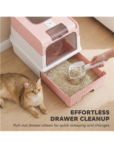 PawHut Enclosed Cat Litter Box with Lid, Pull-Out Drawer Tray, Scoop, 2 Deodorisation Bags, Front Entry & Top Exit, Pink