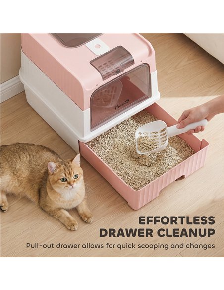 PawHut Enclosed Cat Litter Box with Lid, Pull-Out Drawer Tray, Scoop, 2 Deodorisation Bags, Front Entry & Top Exit, Pink - pic 213770 | FastDaddyshop