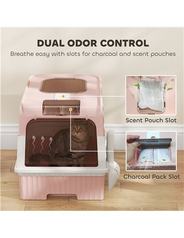 PawHut Enclosed Cat Litter Box with Lid, Pull-Out Drawer Tray, Scoop, 2 Deodorisation Bags, Front Entry & Top Exit, Pink