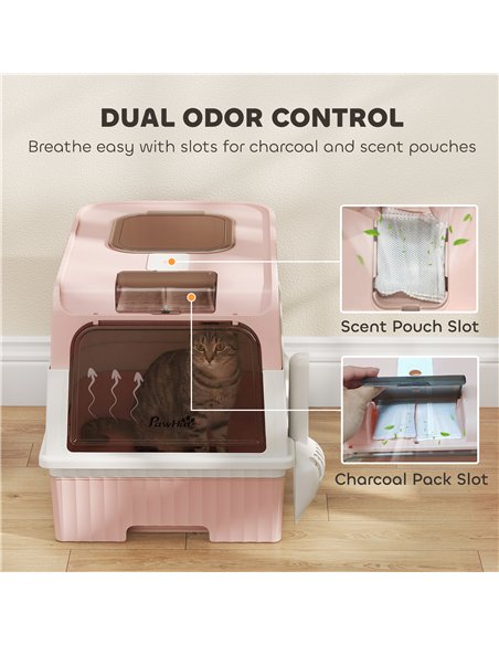 PawHut Enclosed Cat Litter Box with Lid, Pull-Out Drawer Tray, Scoop, 2 Deodorisation Bags, Front Entry & Top Exit, Pink - pic 213771 | FastDaddyshop