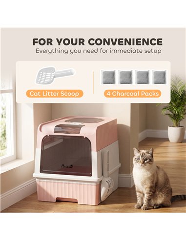 PawHut Enclosed Cat Litter Box with Lid, Pull-Out Drawer Tray, Scoop, 2 Deodorisation Bags, Front Entry & Top Exit, Pink