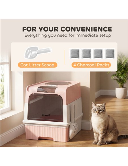 PawHut Enclosed Cat Litter Box with Lid, Pull-Out Drawer Tray, Scoop, 2 Deodorisation Bags, Front Entry & Top Exit, Pink - pic 213772 | FastDaddyshop