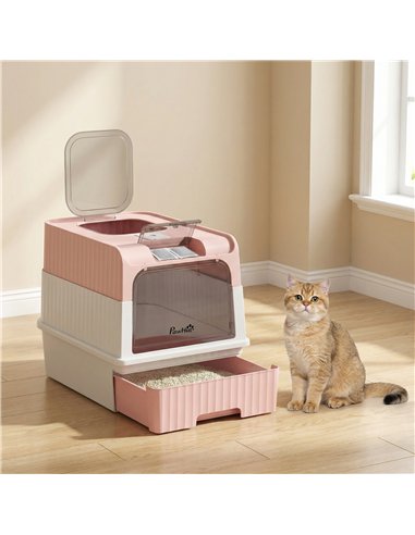PawHut Enclosed Cat Litter Box with Lid, Pull-Out Drawer Tray, Scoop, 2 Deodorisation Bags, Front Entry & Top Exit, Pink