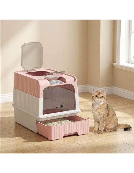 PawHut Enclosed Cat Litter Box with Lid, Pull-Out Drawer Tray, Scoop, 2 Deodorisation Bags, Front Entry & Top Exit, Pink - pic 213773 | FastDaddyshop
