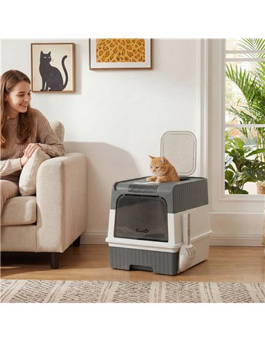 PawHut Enclosed Cat Litter Box with Lid, Pull-Out Drawer Tray, Scoop, 2 Deodorisation Bags, Front Entry & Top Exit, Grey