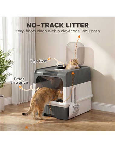 PawHut Enclosed Cat Litter Box with Lid, Pull-Out Drawer Tray, Scoop, 2 Deodorisation Bags, Front Entry & Top Exit, Grey