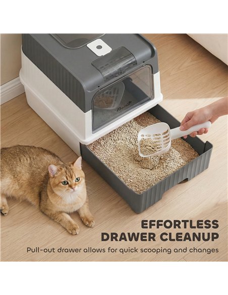 PawHut Enclosed Cat Litter Box with Lid, Pull-Out Drawer Tray, Scoop, 2 Deodorisation Bags, Front Entry & Top Exit, Grey - pic 213779 | FastDaddyshop