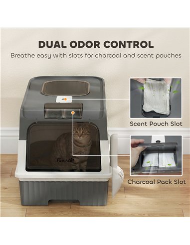 PawHut Enclosed Cat Litter Box with Lid, Pull-Out Drawer Tray, Scoop, 2 Deodorisation Bags, Front Entry & Top Exit, Grey