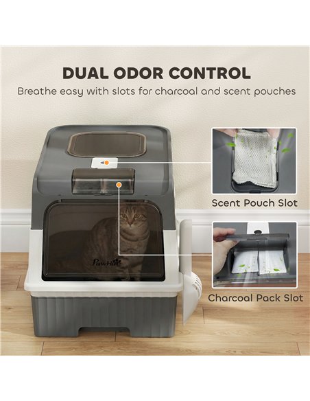 PawHut Enclosed Cat Litter Box with Lid, Pull-Out Drawer Tray, Scoop, 2 Deodorisation Bags, Front Entry & Top Exit, Grey - pic 213780 | FastDaddyshop