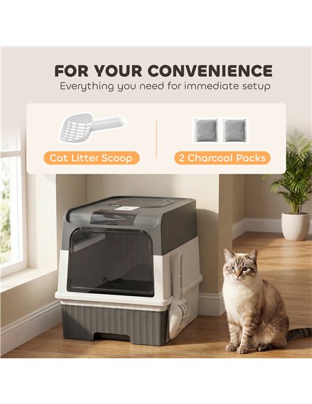 PawHut Enclosed Cat Litter Box with Lid, Pull-Out Drawer Tray, Scoop, 2 Deodorisation Bags, Front Entry & Top Exit, Grey - pic 213781 | FastDaddyshop
