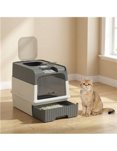 PawHut Enclosed Cat Litter Box with Lid, Pull-Out Drawer Tray, Scoop, 2 Deodorisation Bags, Front Entry & Top Exit, Grey