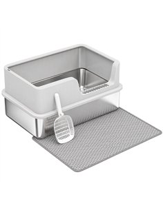 PawHut XL Stainless Steel Cat Litter Tray with Lid, High Sided Cat Litter Box with Scoop and Mat, Light Grey