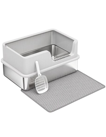 PawHut XL Stainless Steel Cat Litter Tray with Lid, High Sided Cat Litter Box with Scoop and Mat, Light Grey - pic 213784 | FastDaddyshop