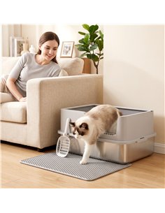 PawHut XL Stainless Steel Cat Litter Tray with Lid, High Sided Cat Litter Box with Scoop and Mat, Light Grey 2