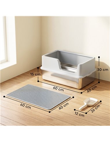 PawHut XL Stainless Steel Cat Litter Tray with Lid, High Sided Cat Litter Box with Scoop and Mat, Light Grey