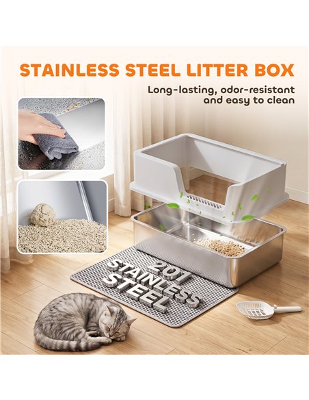 PawHut XL Stainless Steel Cat Litter Tray with Lid, High Sided Cat Litter Box with Scoop and Mat, Light Grey - pic 213787 | FastDaddyshop